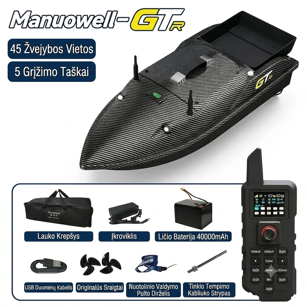 Manuowell GTR GPS Pašaro laivelis su gylio ir temperatūros sensoriumi